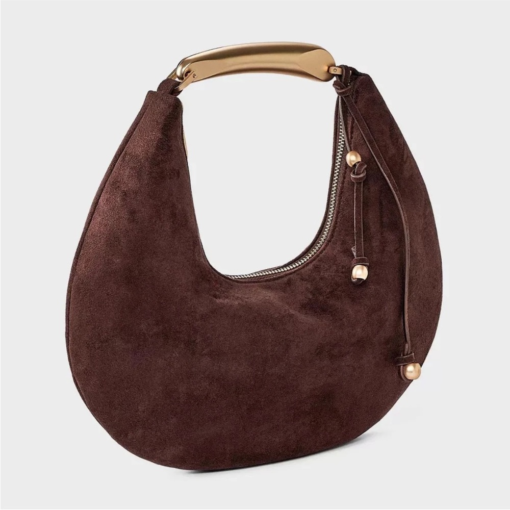 A NEW DAY NWT faux suede Metal Handle Crescent Saddle Handbag -brown - Picture 3 of 7